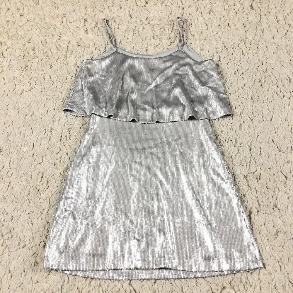 Forever 21 Silver Sequin Stretch Ruffle Mini Dress Womens Small Spaghetti Strap