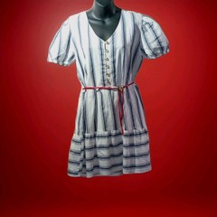 Speed Limit Fit & Flare Dress Blue White Striped V-Neck Puff Belted Cotton M