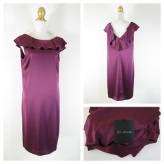 St. John Solid Purple Plum Ruffle Neckline Formal Shift Dress Size 8 NWT $995