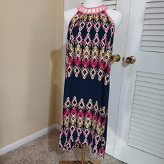 Minteau Couture 16(XL) Halter Dress A Line Navy/Pink/Green Cut-Out Neck Lined
