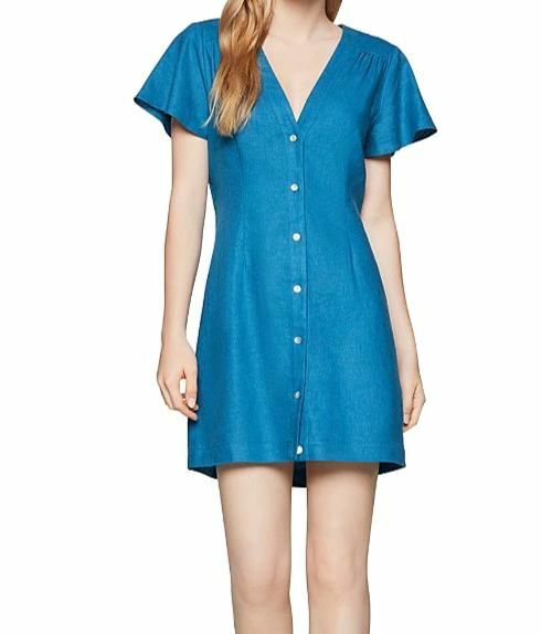 $340 BCBGeneration Women&rsquo;s Blue Flutter-Sleeve Button-Up A-Line Shirt Dress Sz S
