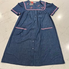 Go Softly NEW Cotton Chambray Patio House Dress L Muumuu Embroidered Butterfly
