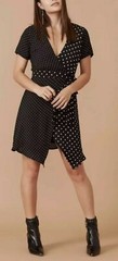 DEE ELLY Black White Polka Dot Mix Print Crepe Asymmetrical Wrap Dress Sz S NWT