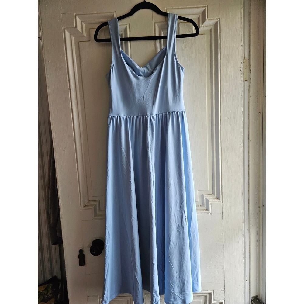Halara Light Blue V Neck Crossover Back Midi Dress Womens Large Sleeveless 02