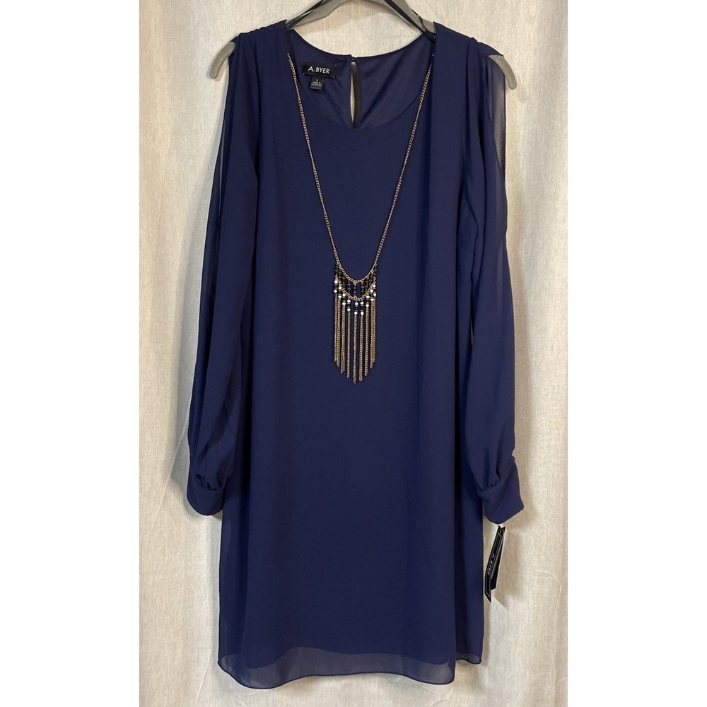 A. Buyer Navy Knee Length Dress w/Necklace- Cold Shoulder Sheer Sleeve Large NWT