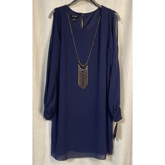 A. Buyer Navy Knee Length Dress w/Necklace- Cold Shoulder Sheer Sleeve Large NWT