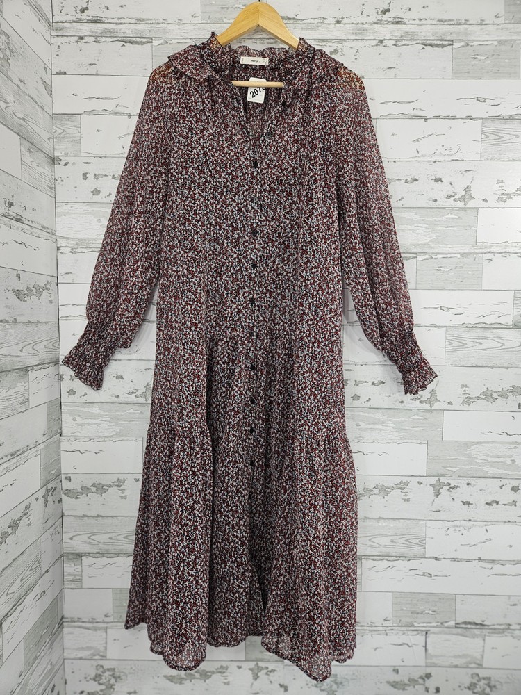 Mango Floral Print Sheer Button Down Long Sleeve Cottagecore Midi Dress Womens 6