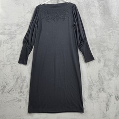 Vintage IFI Dress Womens L Black Beaded Boatneck Bishop Sleeve Stretch Midi Goth