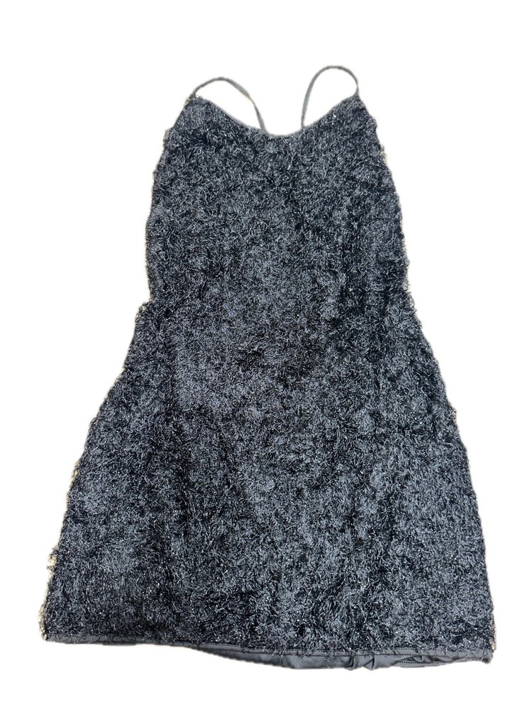 SHEIN Curve Black Solid Square Neck Spaghetti Strap Faux Fur Lace Up Mini 2XL