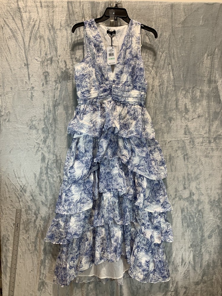 1.State Women&rsquo;s Maxi Dress 8 Tiered Toile Blue White Cascading Ruffle V Neck