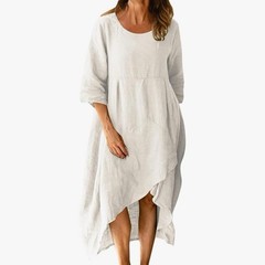 White Boho White Cotton Blend Hi-Low Asymmetric Hem Dress 3/4 Sleeve