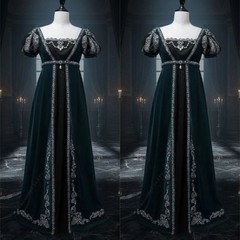 Black Vintage Victorian Evening Gown Embroidered Square Neckline Corset Ball