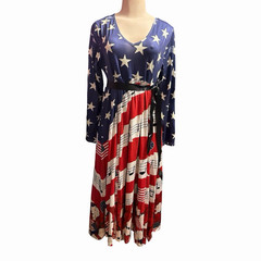 Women&rsquo;s V-Neck Long Sleeve Maxi Dress USA Flag Stars & Stripes Print Size M