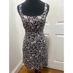 Old Navy Blue Tan Floral Fit Flare Structured Stretch Smocked Back Dress Medium