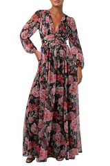 Lulus Pearl Long Sleeve Floral Maxi Dress Women Plunging V-Neck A-Line Cocktail