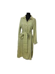 Vintage Orvis Linen Silk Dress 14 Green Belted Button Long Sleeve Lagenlook Boho