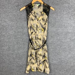 Anthropologie Lil Silk Lace Floral Midi Dress Size 4 Beige Yellow Black Belted