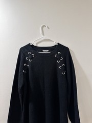 Allison Brittney Plus Size Black Ribbed Knit Sweater Dress- Lace-Up Eyelet S 3X