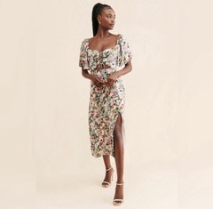 ASTR the Label Size S Floral Sweetheart Neck Flutter Sleeve Lace-Up Midi Dress