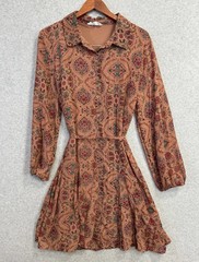 Lucky Brand XL Boho Peasant Dress Copper Floral Button Front Belted Flowy EUC