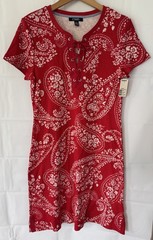 NWT Chaps Red Paisley Lace Up T-Shirt Dress Womens Medium 100% Cotton