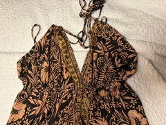 Women’s Black & Tan Floral Halter Maxi Dress Rayon Tie Waist One Size