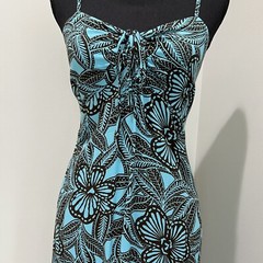 Piramide Clothing Company Handmade Teal & Brown MIDI Dress 100% Rayon Sz M EUC