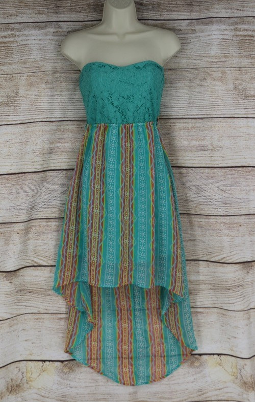 Womens Size Medium Strapless High Low Dress Teal Turquoise Striped Lace