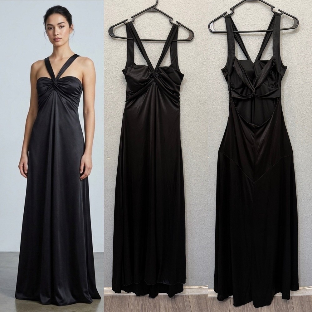 Windsor Maxi Dress Siz XS Black Satin Twist Front Crisscross Back 3/4 Homecoming