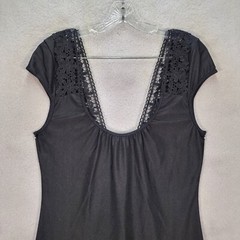 Black Stretch Crochet Lace Low Cut Tie Sexy Slip Micro Mini Womens Dress Size XL