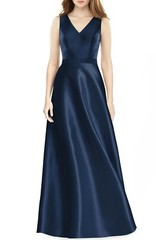 ALFRED SUNG Midnight Navy Blue V-Neck V-Back Sateen A-Line Maxi Gown Dress 4 US
