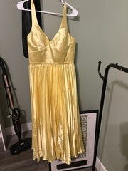 Women’s Yellow Satin Solid V-Neck Maxi Dress Spaghetti Straps Lace-Up S