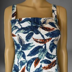 Robin K Sheath Mini Dress Medium White Blue Linen-Cotton Lined Wide Straps Leave
