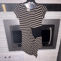 Beige Black & Beige Striped Bodycon Top Stretch Round Neck Short Sleeve Sz S