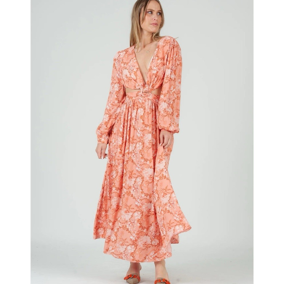 New LUCCA Soraya XS Floral Cutout Long Sleeve Maxi DRESS Tropical Beach Boho