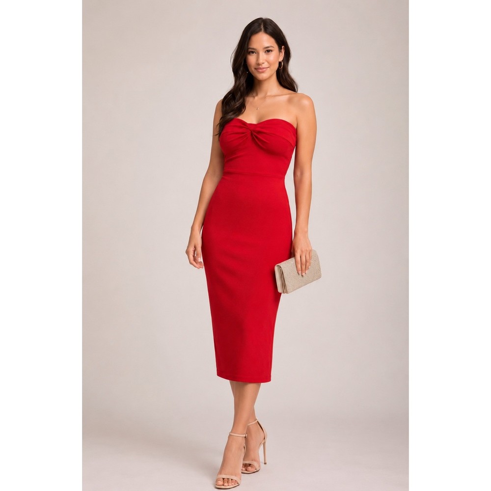 Romantic Red Strapless Twist Front Midi Dress Ribbed Day to Night Date Sz M