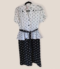 Vintage 80s Grannycore Retro Mod Black Polka Dot Floral Sz M Ruffle Tie Waist