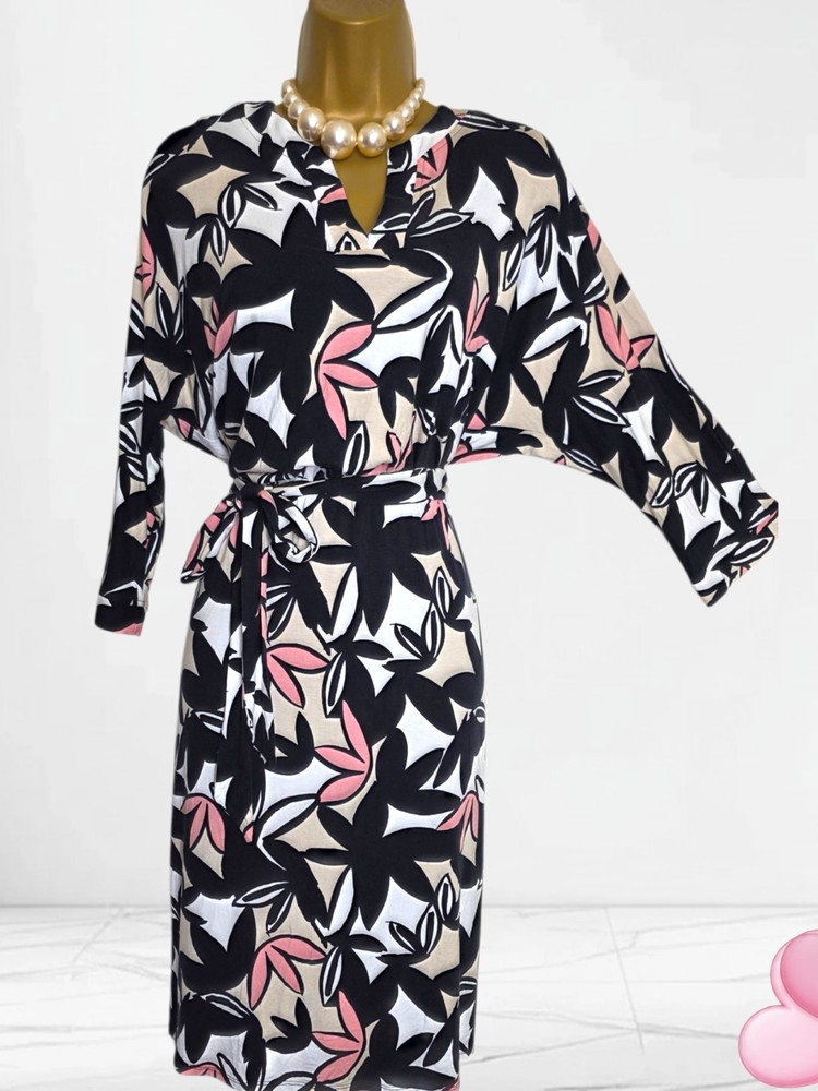 Phase Eight Gwin Leaf Print Dress Size 16 Black Pink Batwing Tie Belt Stretch VG