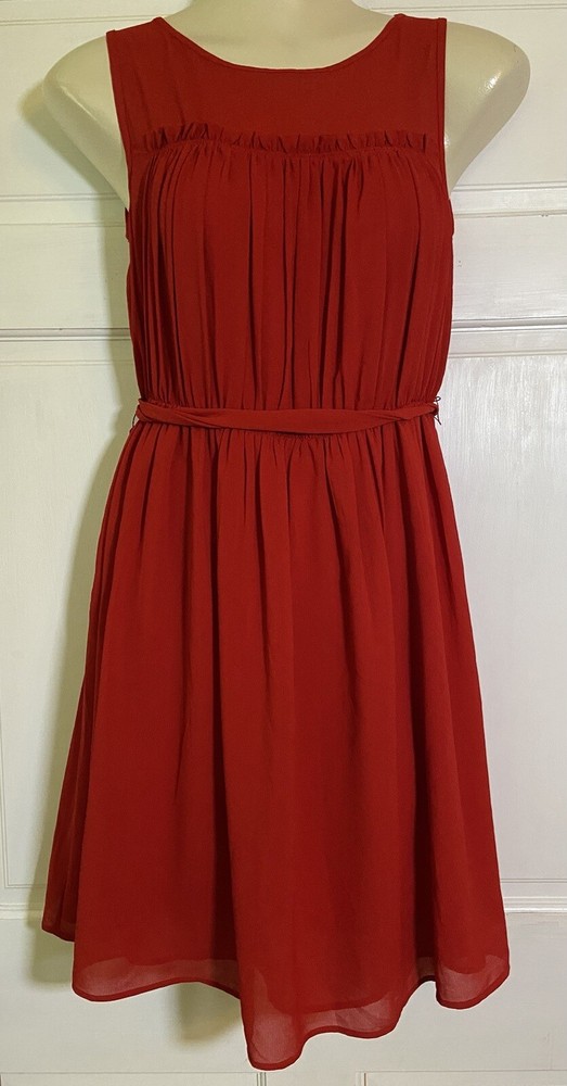 LOFT Red Classic Pleated Midi Ruffle Dress Size 4 Waist Tie