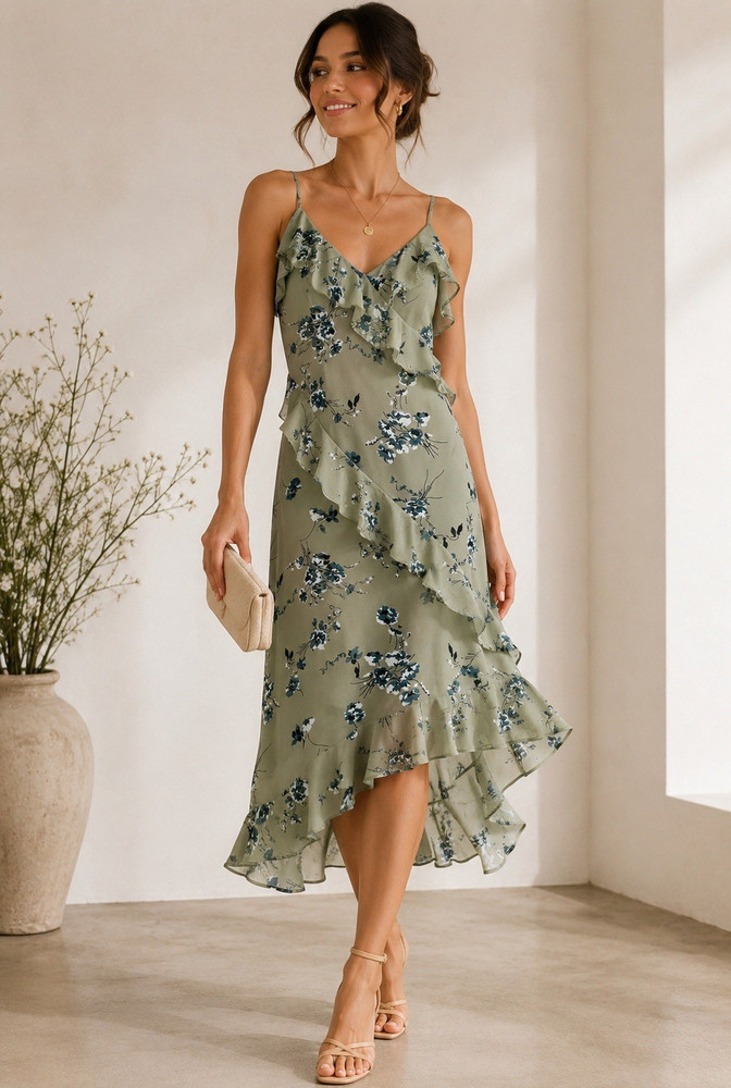 Open Edit XS Sage Green Floral Ruffle Midi Dress Asymmetrical Wedding Guest