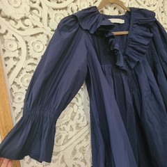 Hunter Bell Sullivan Ruffled Neck Puff Sleeve Mini Dress Navy Blue SZ Medium