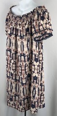 Ruffle Crochet Off Shoulder Shift Mini Dress L Ivory/Blue TyeDye Smocked Boho
