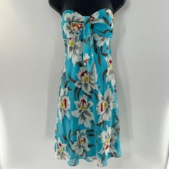 ABS Allen Schwartz Strapless Mini Blue w/White, Green, Red Floral Print Dress-4