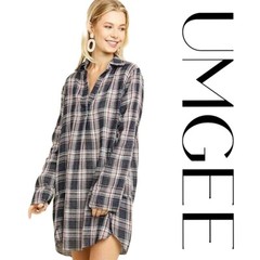 NWT S UMGEE CREAM/NAVY Plaid Collared Lightweight Shirt Dress/Tunic BHCS
