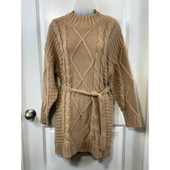 Amadi Womens Tan Cable Knit Mock Neck Belted Sweater Dress Small Grandmacore S