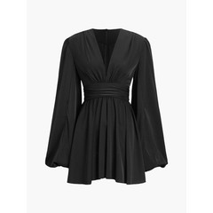 COMMENSE Chiffon Low Cut V-neck Pleated Zip Mini DressBlack size XL