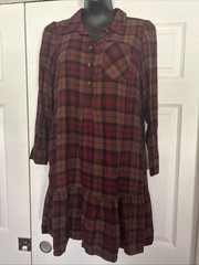 Time And Tru Womens Flannel Dress, Size S, Cranberry And Brown With Pockets