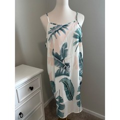 Tropical Leaf Print Slip Dress Green Pink White Summer Vacation Mini Dress