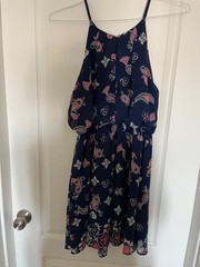 DNA Couture navy blue paisley dress with spaghetti straps, fit and flare, L