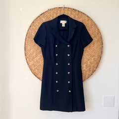 VINTAGE CASUAL CORNER PETITE BLACK NAUTICAL DOUBLE-BREASTED MINI DRESS CRUISE